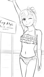 1female 1girls artlab bare_shoulders bow cleavage doki_doki_literature_club female_focus french_text hair_bow hairbow navel one_eye_closed sayori_(doki_doki_literature_club) solo_focus swimwear text thedarkartlab_(artist)