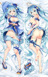 1girls ass bed blue_dress blue_eyes blue_hair blush boobs bow breasts butt dakimakura detached_sleeves female hatsune_miku medium_breasts nipples open_mouth panties_down project_diva pussy round_ass sakaraubito shaved_pussy snow_miku solo thigh_gap tits vagina vocaloid