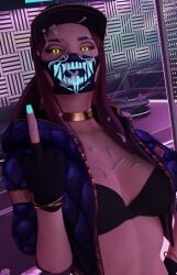 1girl 1girls 3d akali athletic_female big_breasts black_sclera blender blue_nails bra cap celebrity cum cum_in_hair cum_on_face face_mask facial facial_cumshot female female_only flipping_off flipping_viewer_off glowing_eyes glowing_nails jewelry k/da_akali k/da_series league_of_legends looking_at_viewer middle_finger posing solo yellow_eyes your__waifu