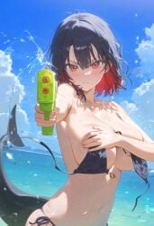 1girls ai_generated beach bikini breasts covering ellen_joe female kawaii_roid tagme water_gun zenless_zone_zero