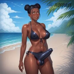 ai_generated balls beach bikini biting_lip black_bikini black_hair brown_eyes covered_penis cum cumming cumshot dark-skinned_futanari dark_skin double_bun ejaculation ejaculation_under_clothes erect_penis erection erection_under_clothes erection_under_clothing flordulce futa_only futanari orgasm outdoors palm_tree penis pubic_hair rolling_eyes solo_futa space_buns testicles water wet wet_skin