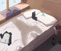 after_sex bed bedroom clothing panties remote_control stain stained_sheets sweat underwear window