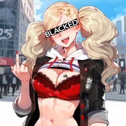 1girls ai_generated ann_takamaki atlus big_breasts blacked blonde_hair blue_eyes breast_tattoo breasts censored_eyes female floox large_breasts light-skinned_female long_hair megami_tensei middle_finger persona persona_5 queen_of_spades tattoo_on_breast tattoo_on_chest thiccwithaq_(ai_style) thick_thighs twintails