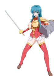 >:) 1girls armor ass_visible_through_thighs bare_thighs blue_eyes blue_hair boots breasts breasts_out broken_armor cape censored eirika_(fire_emblem) female female_only fingerless_gloves fire_emblem fire_emblem:_the_sacred_stones full_body gloves large_breasts long_hair looking_at_viewer nintendo nipples one_breast_out open_mouth pussy skirt smile solo standing sword thigh_boots thighs torn_clothes uenomi_ayumu very_long_hair weapon white_background