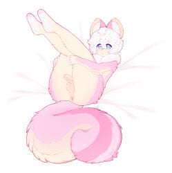 1boy 2023 anthro anus ass balls bed cute_male feet femboy flaccid fluffy fluffy_tail foreskin fur furniture furry genitals girly hair hi_res inner_ear_fluff katsucoffee legs_up looking_at_viewer male male_only mammal nude on_bed pawpads paws penis pink_body pink_fur presenting presenting_hindquarters rodent ruff simple_background small_penis solo tail tan_body tan_fur thick_thighs tuft