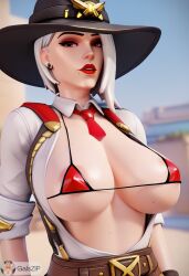 ai_generated ashe_(overwatch) big_breasts bikini bikini_top bowtie cowboy_hat earrings galszip nipple_bulge overwatch overwatch_2 red_lipstick silver_hair white_shirt