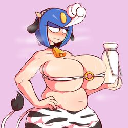 bandeau bandeau_bikini bell big_breasts blush collar cow_bikini cow_print female fupoo mega_man mega_man(classic) milk_bottle plump solo splash_woman