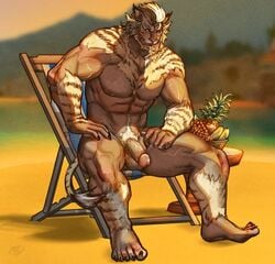 2021 abs animal_print anthro balls banana beach beard biceps blonde_hair braided_hair brown_body brown_eyes brown_fur chair claws facial_hair felid final_fantasy final_fantasy_xiv finger_claws flaccid food fruit fur furniture genitals grape hair hi_res hrothgar khurtito male male_focus male_only male_solo mammal multicolored_body multicolored_fur muscular muscular_anthro muscular_male nipples nude outside pecs penis pineapple plant pubes quads sand seaside sitting solo solo_male square_enix tan_body tan_fur toe_claws triceps two_tone_body two_tone_fur vein veiny_muscles veiny_penis video_games water