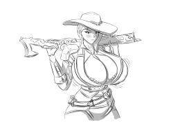 1girls ashe_(overwatch) clevage exposed_breasts female female_focus female_only gun kirik overwatch overwatch_2 thick