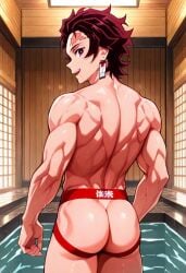ai_generated ass back bathhouse biceps blush demon_slayer earrings gay jockstrap jockstrap_only looking_at_viewer looking_back male male_only muscular muscular_male nude_male red_eyes red_hair smile tanjiro_kamado toned_body toned_male twall97