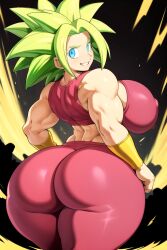 1girls ai_generated big_breasts blue_eyes daidouji_(artist) daidoujipv dragon_ball dragon_ball_super from_behind gigantic_ass gigantic_breasts green_hair kefla legendary_super_saiyan leggings looking_at_viewer looking_back smile smug smug_grin solo super_saiyan super_saiyan_2 tagme tank_top voluptuous wide_hips