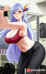 1girls azur_lane black_legwear blue_eyes blue_hair breasts cleavage clothed clothed_female female female_focus female_only gym gym_clothes large_breasts leggings looking_at_viewer pale-skinned_female piukute062 solo solo_female sports_bra sweat sweatdrop sweating ticonderoga_(azur_lane)