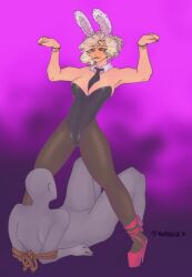 armpits battle_bunny_riven bound bunny_girl femdom heels league_of_legends muscles thighs tie white_hair