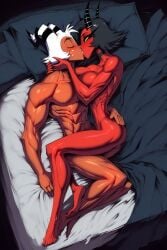 1boy 1girls 2demons abs ai_generated ass bare_arms bare_breasts bare_legs bare_shoulders bare_thighs big_ass big_breasts big_butt big_penis black_hair breasts carrying carrying_partner color demon demon_girl demon_horns demon_tail female fit_female gigiti helluva_boss hi_res imp kissing large_breasts looking_pleasured male male/female male_penetrating millie_(helluva_boss) moxxie_(helluva_boss) muscles muscular muscular_female muscular_male nude nude_female on_bed penetration penile_penetration penis_in_pussy pleasure_face pussy red_body red_skin sex short_hair thick_thighs vaginal_penetration white_hair
