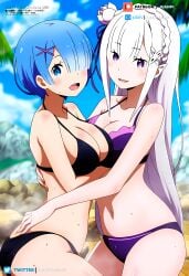 2girls ai_generated beach black_bikini blue_eyes emilia_(re:zero) female hair_ornament holding hugging juanpi_amvs light_blue_eyes light_blue_hair long_hair palm patreon patreon_username purple_bikini purple_eyes re:zero_kara_hajimeru_isekai_seikatsu rem_(re:zero) rocks short_hair silver_hair sky watermark