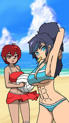 2girls abs armpits arms_behind_head asian ball bandage_on_face bandage_on_nose bandaged_leg beach belly_button big_breasts bikini blue_bikini blue_eyes blush cousins curvy cute dark_blue_hair huge_breasts jun_hyun_soo_(writers_crusaders) kim_han_yi_(writers_crusaders) korean looking_at_viewer miniskirt multiple_girls muscular_female ocean ponytail popsicle red_bikini red_eyes red_hair swimsuit tanned_skin thick_thighs two_tone_hair volleyball wcjuan writers_crusaders