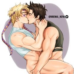 2boys artist_name battle_tendency blonde_hair brown_hair caesar_zeppeli duo gay jojo's_bizarre_adventure joseph_joestar kissing male male/male male_only muscular muscular_male overly_muscular rirenka_nsfw romantic yaoi