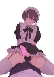 2boys absurdres apron arm_behind_back blush boy_on_top clothes_lift crossdressing cum cum_on_body erection femboy feminine_male garter_straps gay girly heart heart-shaped_pupils highres luka_(mon-musu_quest!) luka_(monster_girl_quest) maid maid_apron maid_headdress maid_uniform male male/male male_focus male_maid male_only open_mouth original otoko_no_ko penis penis_peek precum purple_hair saliva saliva_trail skirt skirt_lift spread_legs summer-888 symbol-shaped_pupils trap yaoi