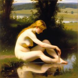 ai_generated bathing belly blonde_hair blue_eyes breasts curly_hair curvy feet_in_water lake lips long_hair navel nipples nude nude_female pouring_water presenting pubic_hair puddle realistic sitting small_breasts smile solo washing_self water william_bouguereau