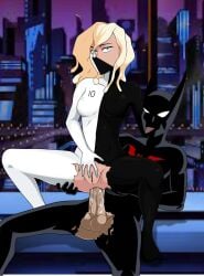 accurate_art_style anal anal_penetration anal_sex batman batman_(series) batman_beyond blonde_hair breasts clothed_female clothed_sex crotchless dc dc_comics eye_of_the_beholder melanie_walker no_panties reverse_cowgirl_position sex terry_mcginnis torn_clothes