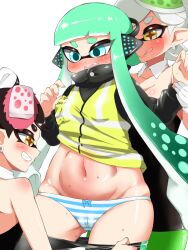 3girls agent_3_(splatoon) blush bow bow_panties breast_grab breasts callie_(splatoon) cleavage embarrassed grabbing_another's_breast grabbing_breasts hand_under_clothes marie_(splatoon) multiple_girls navel open_mouth panties pengin_maru pulled_by_another shimapan shorts shorts_pull splatoon splatoon_(series) striped_panties tentacle tentacle_hair underwear