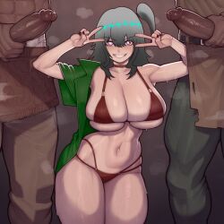 1girls 2boys ai_generated beelceteam belly belly_button big_breasts bikini bikini_top breasts breasts_bigger_than_head breasts_bigger_than_torso busty dark-skinned_male dark_penis darkrai_minita darkraimola grey_hair hourglass_figure huge_breasts imminent_sex looking_at_viewer peace_sign penis ponytail rule_63 thick_ass thick_legs thick_thighs twitch undressing violet_eyes wide_hips youtube youtube_hispanic