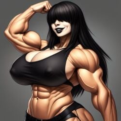 1girls abs ai_generated black_hair black_lipstick branwen_(purple_letter) flexing frosting.ai fully_clothed goth goth-milf goth_milf gothmilf hair_over_eyes huge_breasts huge_muscles long_hair milf muscle_mommy muscles muscular_female puffy_nipples purple_letter self_upload smile smiling smiling_at_viewer solo veiny_muscles