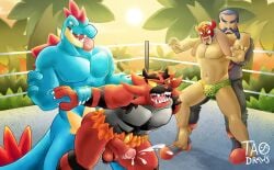 absurd_res anthro feraligatr fighting_ring generation_2_pokemon generation_7_pokemon group hi_res human incineroar kukui_(pokemon) male male/male male_only mammal mask masked_royal nintendo pokemon pokemon_(species) pokemon_professor pokemon_trainer professor_kukui sports_mask sportswear tao_draws wrestler wrestling wrestling_mask