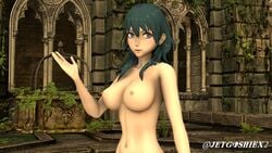 1girls 3d blue_eyes blue_hair breasts byleth_(fire_emblem) byleth_(fire_emblem)_(female) female fire_emblem fire_emblem:_three_houses half_naked half_nude jetnsfw lipstick medium_hair nintendo nipples open_mouth outdoors outside solo streaking white_skin