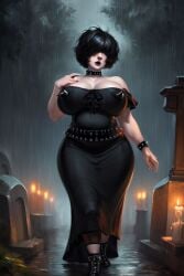 ai_generated black_dress black_hair candlelight candles choker chubby chubby_female covered_eyes eyes_covered goth goth_clothing goth_girl gravestone graveyard hair_covering_eyes huge_breasts josie_(euclidbeing) long_dress original_character raining short_hair tombstone