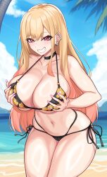 1girls beach bikini blonde_hair breasts ear_piercing female fit_female grin gyaru hourglass_figure huge_breasts kitagawa_marin kneeling light-skinned_female long_hair nez-box red_eyes slim_waist sono_bisque_doll_wa_koi_wo_suru thick_thighs wide_hips