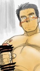 10s 1boy 2018 black_hair blush blush_lines censored erect_penis erection gay glasses human male male_only masturbation muscular_male nipples penis simple_background solo sweat sweatdrop tagme taku_hiraku