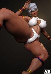 1girls 3d abs african african_female big_breasts blue_eyes bra capcom dark-skinned_female dark_skin earrings elena_(street_fighter) female female_only hagiwara_studio looking_at_viewer painted_nails panties short_hair simple_background smiling solo solo_female street_fighter street_fighter_iii street_fighter_iii:_3rd_strike thick_thighs tribal_clothing vagina white_hair