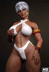 1girls 3d abs african african_female big_breasts blue_eyes bra capcom dark-skinned_female dark_skin earrings elena_(street_fighter) female female_only hagiwara_studio looking_at_viewer painted_nails panties short_hair simple_background smiling solo solo_female street_fighter street_fighter_iii street_fighter_iii:_3rd_strike thick_thighs tribal_clothing vagina white_hair