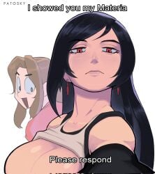 2girls aerith_gainsborough big_breasts black_hair breast_awe breasts breasts_out brown_eyes earrings female female_focus female_only final_fantasy final_fantasy_vii looking_at_breasts looking_at_viewer meme pale-skinned_female pale_skin patosky red_eyes solo solo_female solo_focus text tifa_lockhart