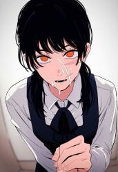 ai_generated black_hair chainsaw_man cum cum_on_face emotionless eye_contact fully_clothed_female hand_on_penis handjob jerkingoff_another mitaka_asa novelai poshdog pov_eye_contact scar spiral_eyes yoru_(chainsaw_man)