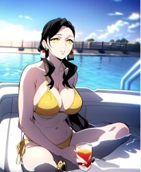 ai_generated ai_mirror beach big_breasts bikini long_hair milf navel white_hair yellow_bikini