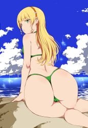 beach bikini box_wonderland cameltoe dumptruck_ass green_bikini green_swimsuit green_thong heanna_sumire huge_ass huge_thighs love_live! love_live!_superstar!! medium_breasts swimsuit thick_ass thick_thighs thong wide_hips