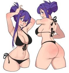 1female 1girls armpits ass big_breasts bikini bikini_bottom bikini_top black_bikini black_bikini_bottom black_bikini_top breasts butt cleavage dairenke_art doki_doki_literature_club female female_focus female_only hair_bun hairbun purple_eyes purple_hair sideboob tied_hair yuri_(doki_doki_literature_club)