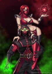 big_breasts blood breasts ermac ermac_(mk11) female glowing_eyes green_eyes held_up magic male mask masked masked_female masked_male mortal_kombat mortal_kombat_(2011) mortal_kombat_11 red_clothing red_eyes red_hair skarlet skarlet_(mk9) thotlerrr toned toned_body toned_female toned_stomach treartz