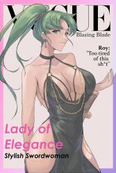 1girls :| absurdres alternate_costume bare_arms bare_shoulders bare_thighs belly_chain black_dress border breasts calmgreentori chain cleavage closed_mouth collarbone cover cowboy_shot dress earrings english_text evening_gown fake_magazine_cover female female_only fire_emblem fire_emblem:_the_blazing_blade floating_hair glint gold_chain green_eyes green_hair halter_dress halterneck high_ponytail highres hip_vent jewelry large_breasts long_hair looking_at_viewer low_neckline lyn_(fire_emblem) magazine magazine_cover meme_attire modakawa_dress nintendo o-ring ponytail revealing_clothes side_slit sideboob sleeveless sleeveless_dress solo standing sword text thick_thighs thighs vogue_(magazine) weapon wide_hips