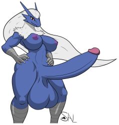 absurd_res anthro balls big_balls big_penis blaziken breasts generation_3_pokemon genitals hair herm hi_res huge_balls huge_cock hyper hyper_balls hyper_genitalia hyper_penis intersex looking_at_viewer nintendo nipples penis pokemon pokemon_(species) purple_nipples red_eyes salandile solo white_hair