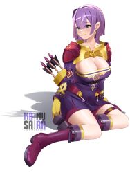 1girls bernadetta_von_varley cleavage earrings female female_only fire_emblem fire_emblem:_three_houses grey_eyes large_breasts masamura_(masamura_eliza) nintendo post-timeskip purple_hair sitting_on_floor solo thighs