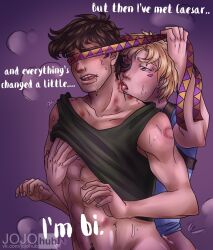 2boys battle_tendency bisexual_male bite_mark bite_marks caesar_zeppeli english_text gay hickey hickey_marks jojo's_bizarre_adventure joseph_joestar licking_another's_neck male male/male male_only muscular_male penis text yaoi