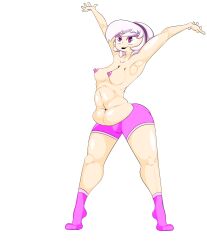 chubby coltetbe hair_band hands_above_head homestuck rose_lalonde short_hair shorts small_breasts socks topless white_background