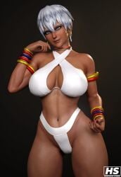 1girls 3d abs african african_female big_breasts blue_eyes bra capcom dark-skinned_female dark_skin earrings elena_(street_fighter) female female_only hagiwara_studio looking_at_viewer painted_nails panties short_hair simple_background smiling solo solo_female street_fighter street_fighter_iii street_fighter_iii:_3rd_strike thick_thighs tribal_clothing vagina white_hair