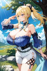 ai_generated alternate_breast_size blonde_hair forest from_side genshin_impact gigantic_breasts huge_breasts jean_gunnhildr jean_gunnhildr_(sea_breeze_dandelion) looking_away mihoyo mountain sagging_breasts salute stable_diffusion sunlight thick_thighs video_games wide_hips wind