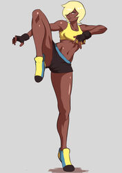 1girls artist_request athletic athletic_female blonde_hair blonde_hair_over_one_eye cameltoe cartoon_network dark-skinned_female dark_skin female female_only fingerless_gloves fit fit_female hair hair_over_one_eye hue_troop legs navel ok_k.o.!_let's_be_heroes on_one_leg one_leg_raised shoes short_blonde_hair short_hair shorts sleeveless sole_female solo solo_female solo_focus sports_bra stomach thighs tummy yellow_hair yellow_sports_bra yellow_technique