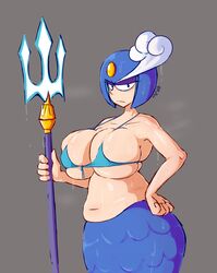 1girls belly big_breasts blush breasts capcom eyeshadow female fupoo hand_on_hip helmet large_breasts makeup mega_man mega_man(classic) mermaid polearm splash_woman steam trident weapon wet