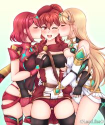 3girls absurdres anna_(fire_emblem) anna_(fire_emblem_warriors) artist_name bare_thighs beret big_breasts black_gloves black_legwear blonde_hair blush bodystocking breast_grab breast_press breasts cleavage closed_eyes covered_navel crossover double_kiss eyebrows_visible_through_hair female_only fff_threesome fingering fingering_partner fingerless_gloves fire_emblem fire_emblem_warriors girl_sandwich gloves grabbing gradient gradient_background groping group_hug group_kissing group_sex hands_in_panties hat highres hug kiss kissing kissing_cheek lace lace_panties lewdlilies long_hair medium_breasts medium_hair micro_shorts multiple_girls mythra nintendo one_eye_closed open_mouth panties picot_trim picot_trim_panties ponytail pyra red_eyes red_hair red_headwear red_legwear red_panties sandwiched short_hair shorts sleeveless smile thighhighs threesome tiara underwear very_long_hair white_panties xenoblade_(series) xenoblade_chronicles_2 yuri